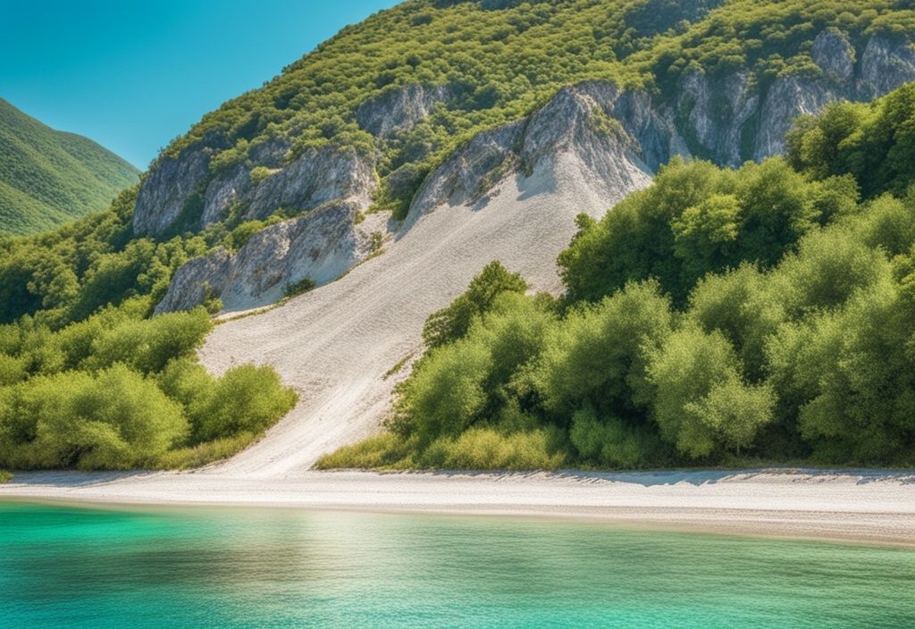 Vista panorámica de una playa de arena con agua turquesa cristalina, rodeada de montañas verdes bajo un cielo azul brillante en Albania, ideal para vacaciones en Albania