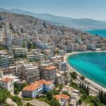 Vista panorámica de la ciudad costera Sarande, Albania, con el mar Jónico turquesa en primer plano y edificios entre colinas verdes al fondo.