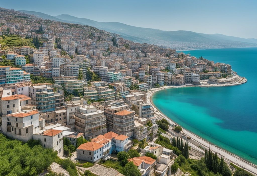 Vista panorámica de la ciudad costera Sarande, Albania, con el mar Jónico turquesa en primer plano y edificios entre colinas verdes al fondo.