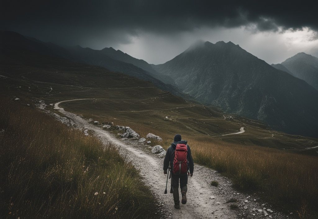 Paisaje oscuro y ominoso de Albania con cielo tormentoso, terreno montañoso y un viajero solitario con mochila cruzando cautelosamente el camino.