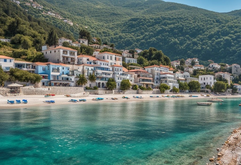 Vista pintoresca de la ciudad costera Himare en Albania, con mar azul, playas de arena blanca, casas tradicionales y montañas circundantes.