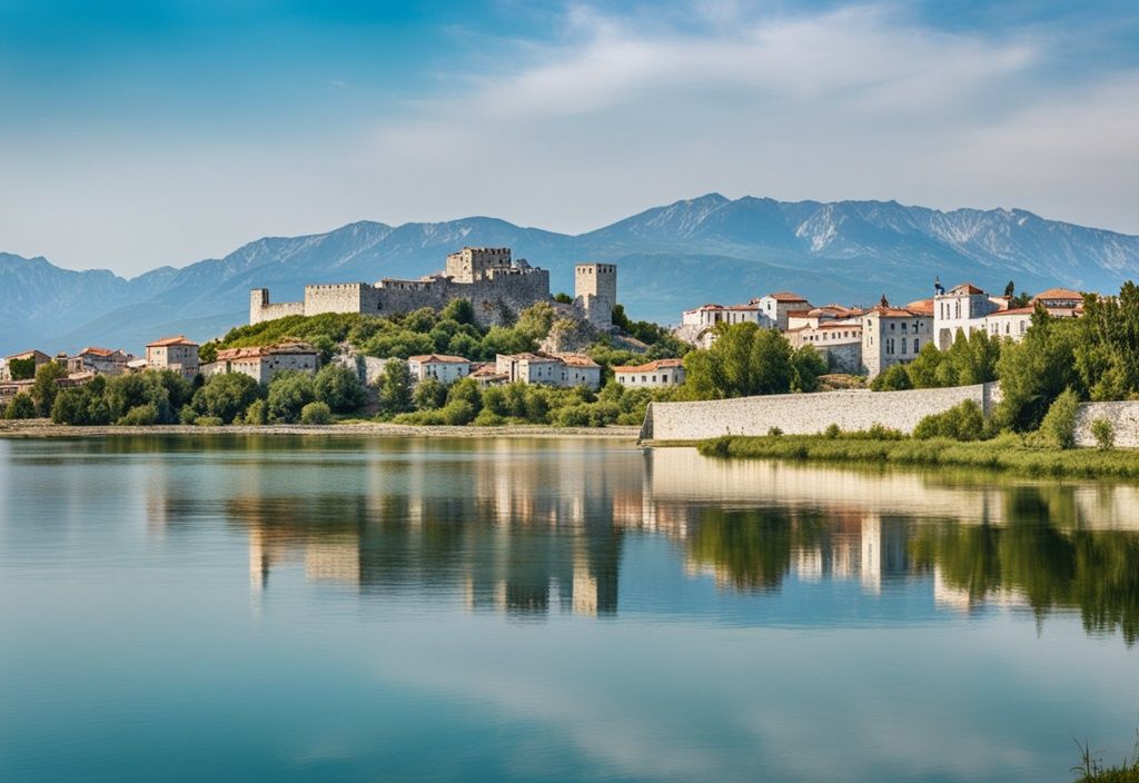 Vista panorámica de Shkoder, Albania, con el histórico Castillo de Rozafa en primer plano y el Lago Skadar al fondo, bajo un cielo azul claro.