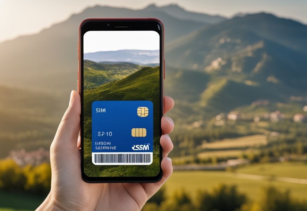 Teléfono inteligente moderno con icono de tarjeta ESIM digital y paisaje pintoresco de Albania de fondo