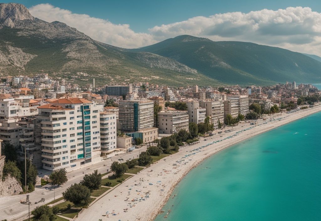 Vista panorámica de la ciudad costera de Vlore, Albania, con el mar Adriático turquesa, playas de arena y edificios arquitectónicos antiguos.