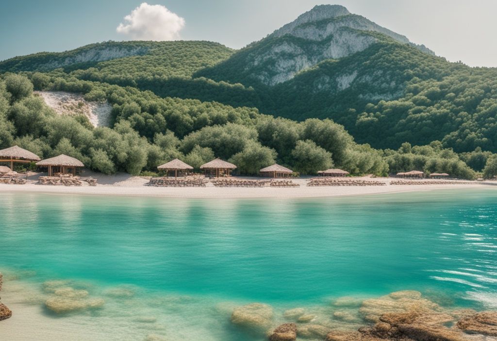 Vista panorámica de una hermosa playa virgen en Albania con agua turquesa cristalina, arena dorada y exuberante vegetación en el fondo, mejores playas de Albania.