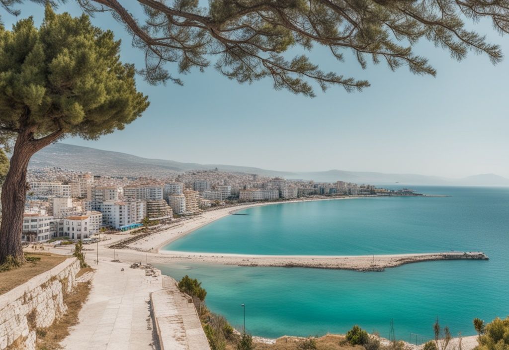 Vista panorámica de Saranda, Albania, con mar turquesa, playas de arena blanca y arquitectura tradicional en el fondo.