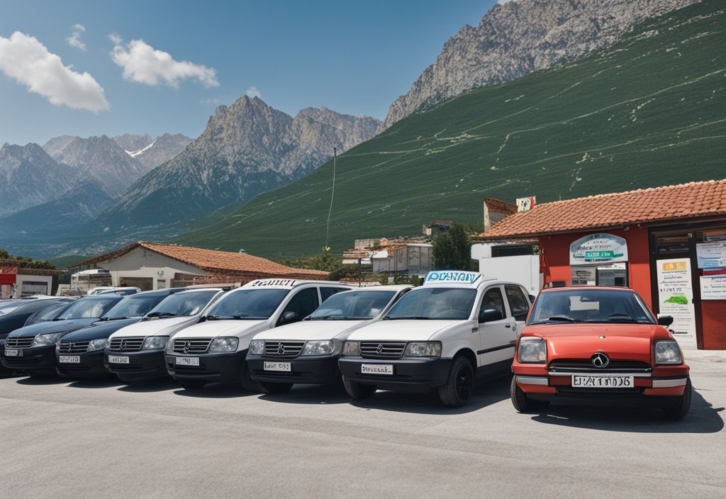 Variedad de coches estacionados frente a una agencia de alquiler de autos con las hermosas montañas albanesas de fondo.