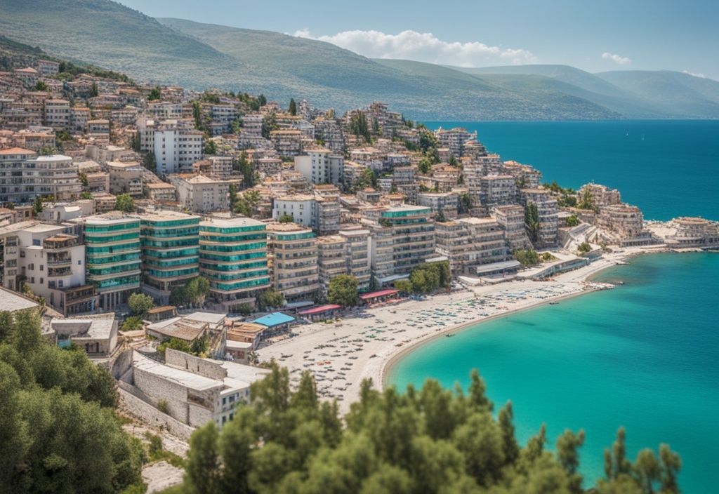 Vista panorámica de Saranda Albania con mar turquesa, playas de arena blanca y edificios entre colinas verdes