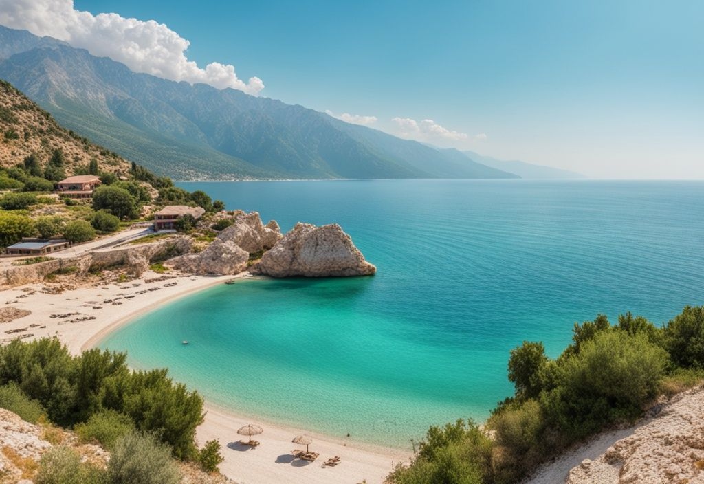 Vista panorámica de Dhermi, Albania, con mar turquesa cristalino, playa de arena y montañas verdes al fondo.