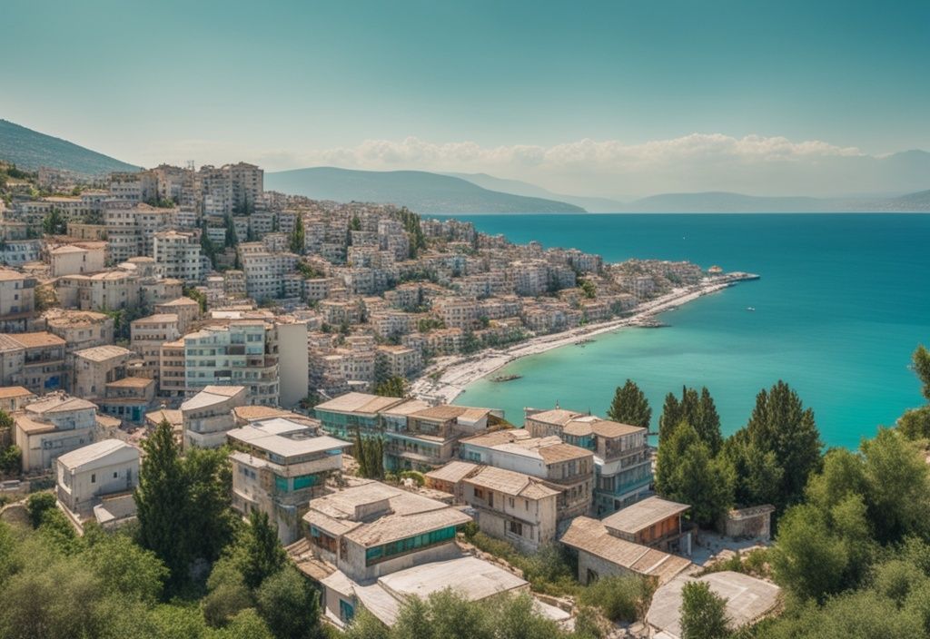 Vista panorámica de Saranda, Albania, con mar turquesa, playas de arena blanca y edificios entre colinas verdes.