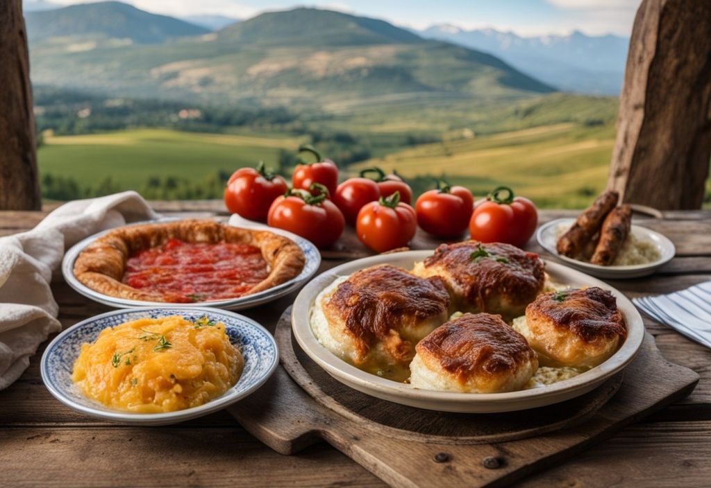 Comida típica Albania: mesa rústica con Tavë Kosi, Fërgesë y Byrek, con paisaje campestre al fondo.