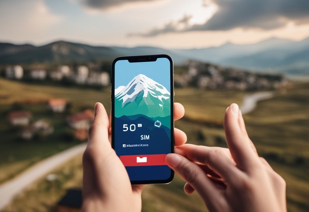 Smartphone moderno con icono de tarjeta ESIM digital y paisaje pintoresco de Albania de fondo