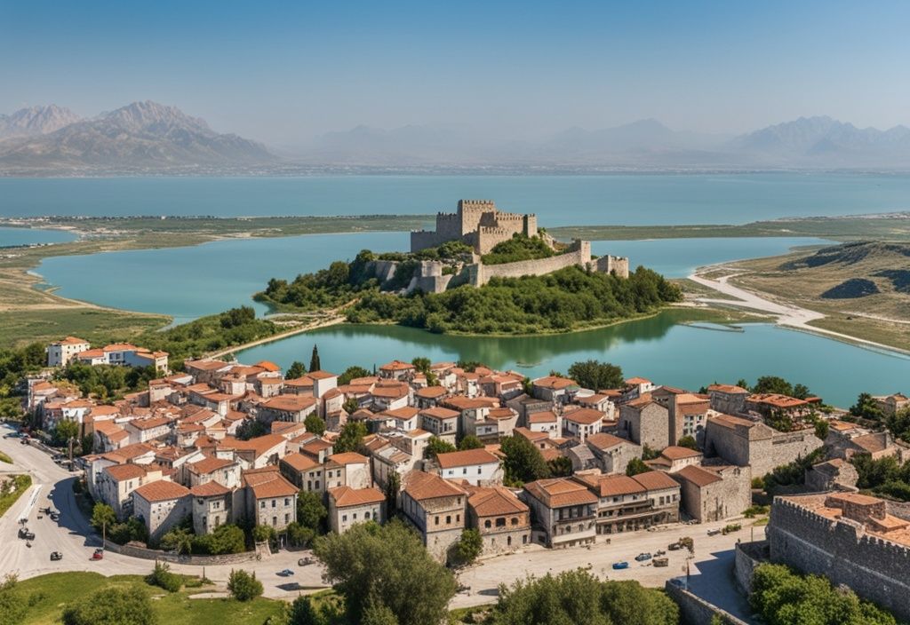 Vista panorámica de la ciudad de Shkoder, Albania, con el histórico Castillo de Rozafa en primer plano y el Lago Skadar al fondo bajo un cielo despejado.