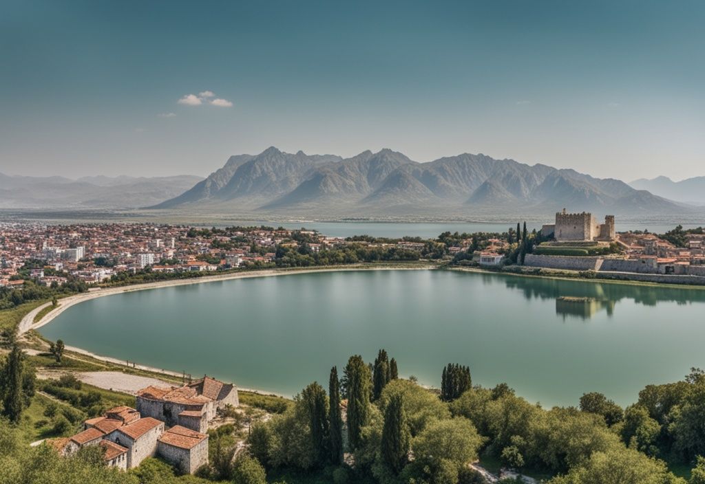 Vista panorámica de la ciudad de Shkoder, Albania, con el histórico Castillo de Rozafa en primer plano y el Lago Skadar al fondo bajo un cielo despejado.