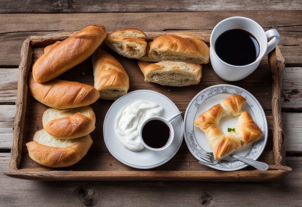 Desayuno tradicional albanés con byrek, yogur fresco, café turco y pan en mesa rústica - qué se desayuna en Albania