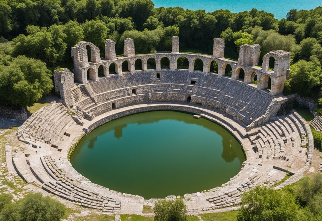 Anfiteatro antiguo en Butrinto, Albania con ruinas circundantes y vegetación exuberante.