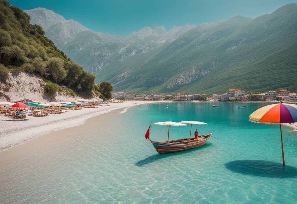 Playa pintoresca en Albania con aguas turquesas cristalinas, arena blanca, montañas imponentes, turistas bajo sombrillas coloridas y un bote tradicional albanés cerca de la orilla.