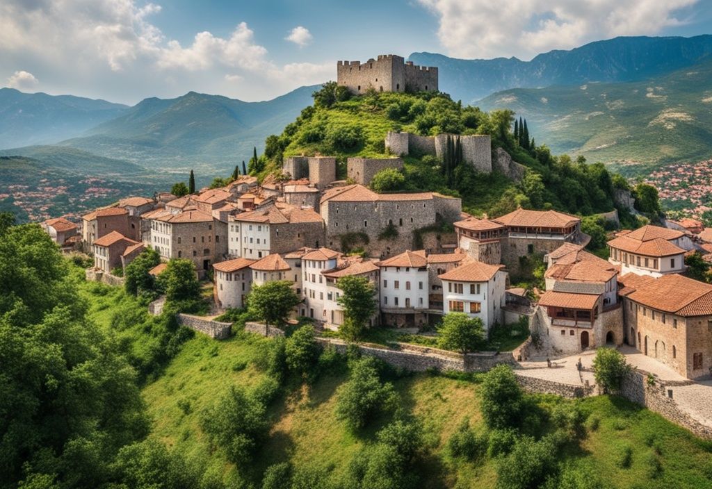 Vista panorámica de la histórica ciudad de Kruje, Albania, con el antiguo Castillo de Kruje en la cima de una colina, rodeado de casas tradicionales y exuberante vegetación.