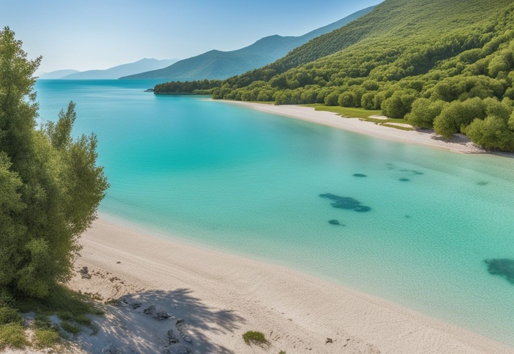 Vista panorámica de una playa virgen y arenosa en Albania con aguas turquesas y colinas verdes bajo un cielo azul claro.