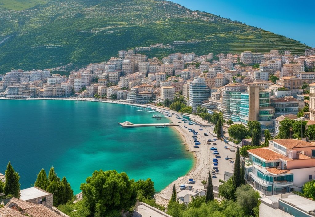 Vista panorámica de Saranda, Albania, mostrando el mar Jónico azul claro, edificios de la ciudad en la ladera y montañas verdes bajo un cielo brillante.