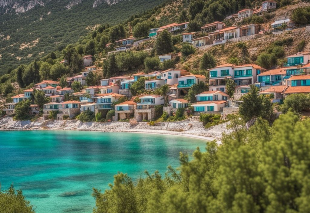 Vista panorámica de Dhermi, Albania, con aguas turquesas del mar Jónico, playa de guijarros y casas tradicionales albanesas entre colinas verdes.