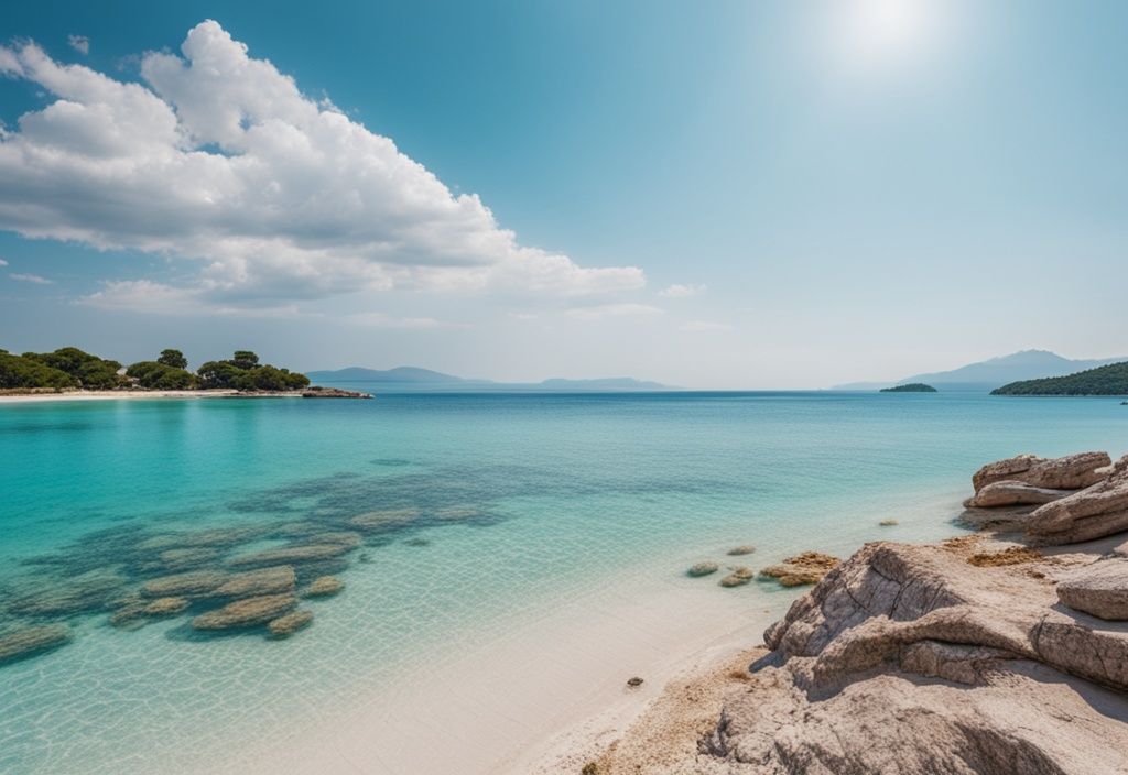 Vista serena de la playa Ksamil en Albania, con aguas cristalinas turquesa, arena blanca y algunas islas en la distancia bajo un cielo azul claro.