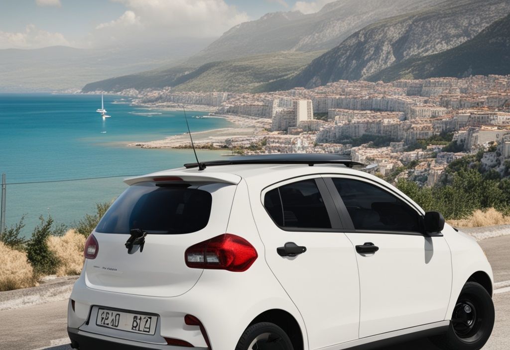 Coche moderno frente a agencia de alquiler con costa albanesa de fondo - alquiler coche Albania