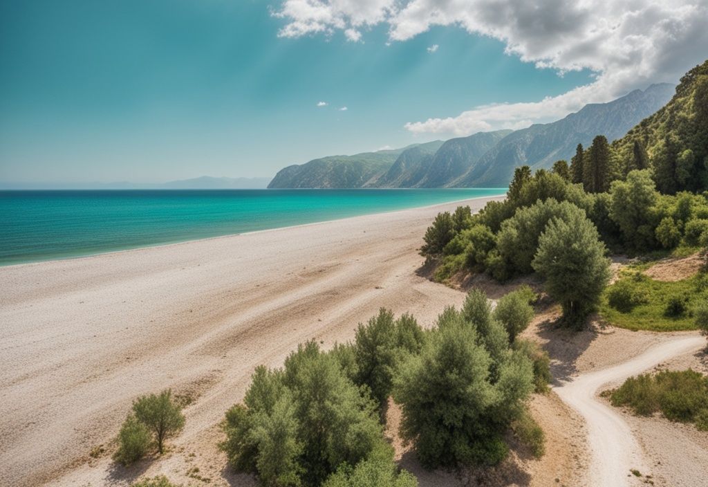 Vista panorámica de Dhermi, Albania, con mar turquesa cristalino, playa de arena y montañas verdes al fondo.