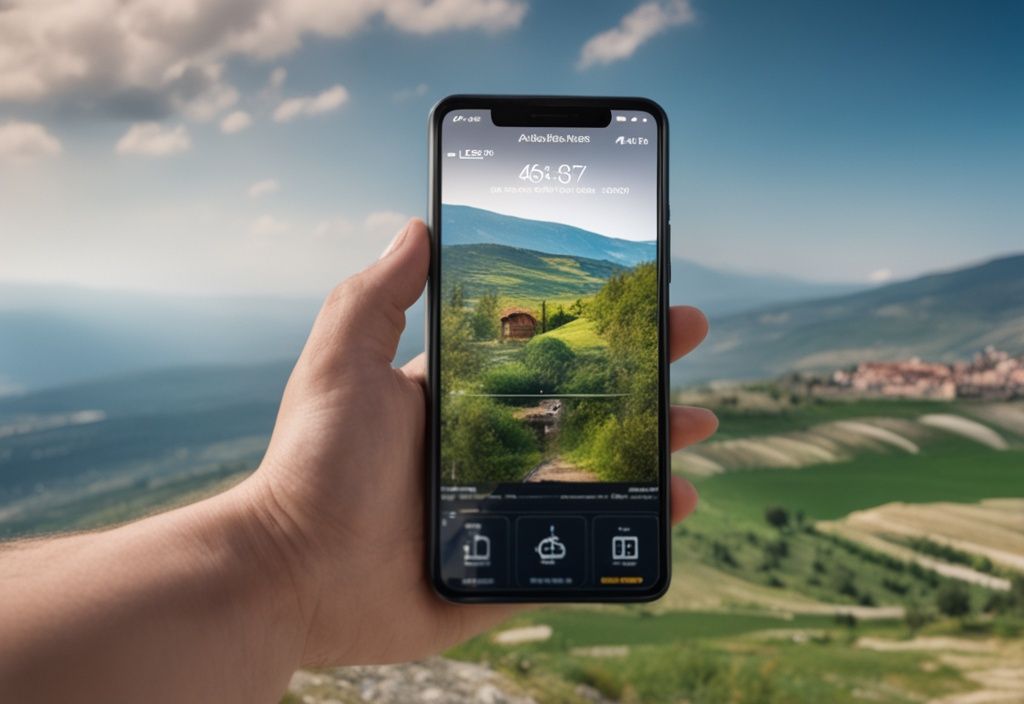 Smartphone mostrando una eSIM digital con el paisaje pintoresco de Albania de fondo, ESIM Albania.