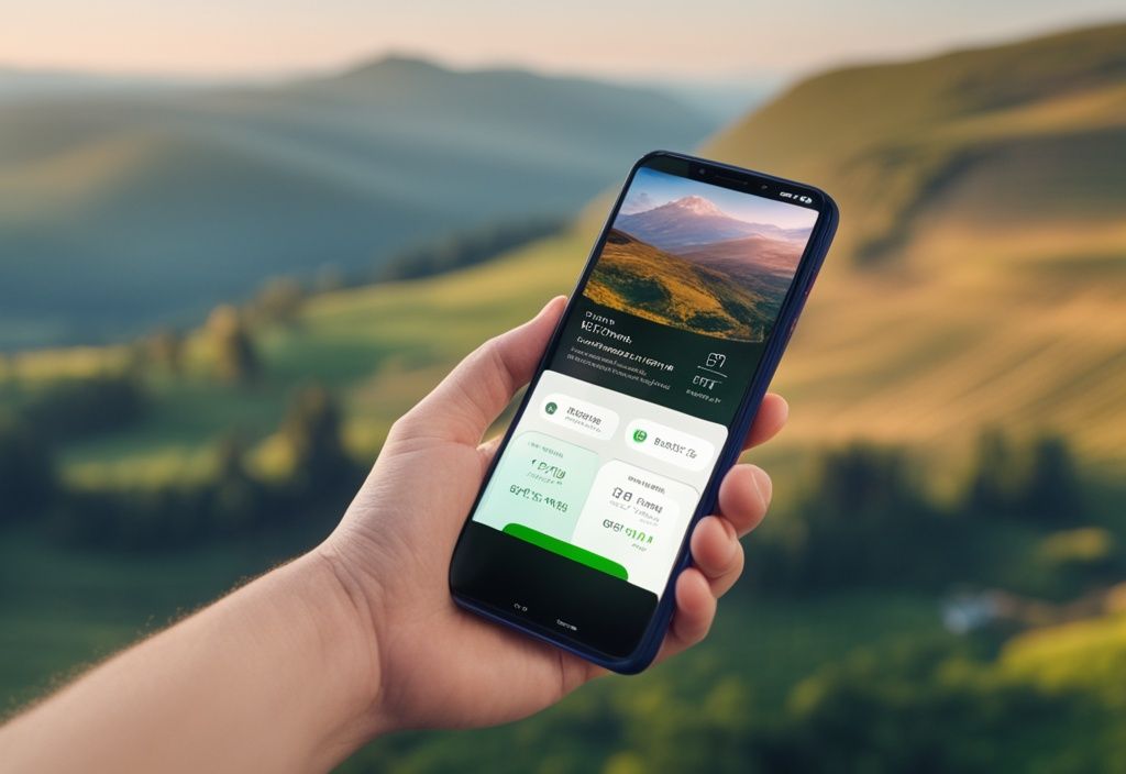 Smartphone mostrando una eSIM digital con el paisaje pintoresco de Albania de fondo - ESIM Albania