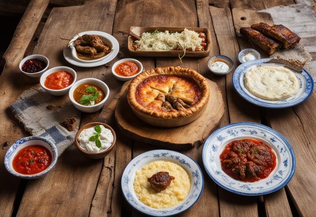 Comida tradicional albanesa en mesa rústica de madera con Tave Kosi, Byrek y Fergese, fondo de campo albanés