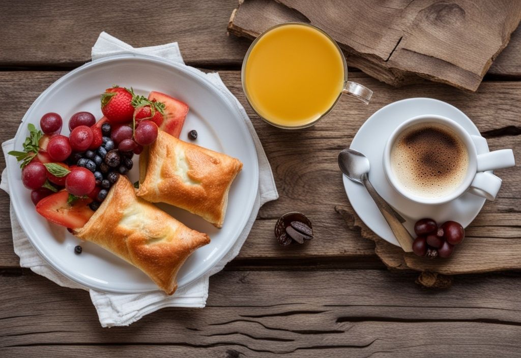 Desayuno tradicional albanés con Byrek, café turco y frutas frescas sobre mesa rústica de madera.