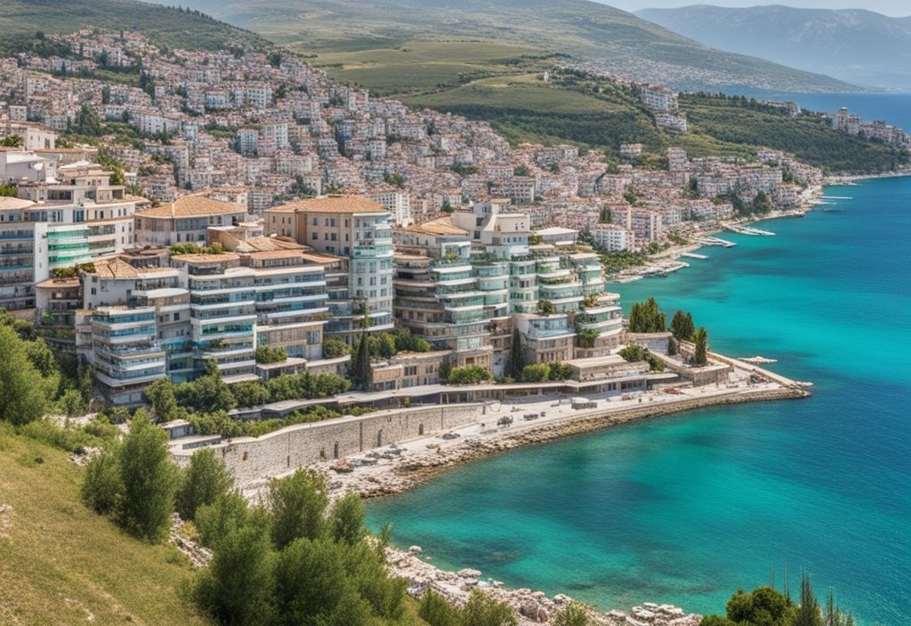 Vista panorámica de la ciudad costera Sarande, Albania, con el mar Jónico turquesa en primer plano y edificios entre colinas verdes al fondo.