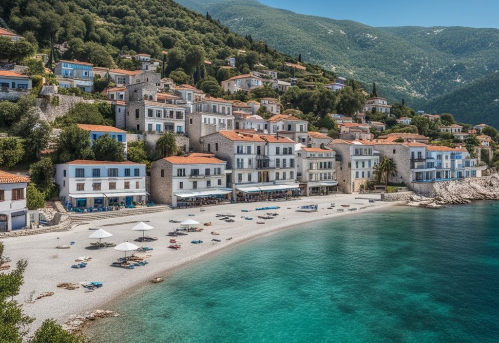 Vista pintoresca de Himare, Albania, con mar azul, playas de arena blanca, casas tradicionales y montañas.