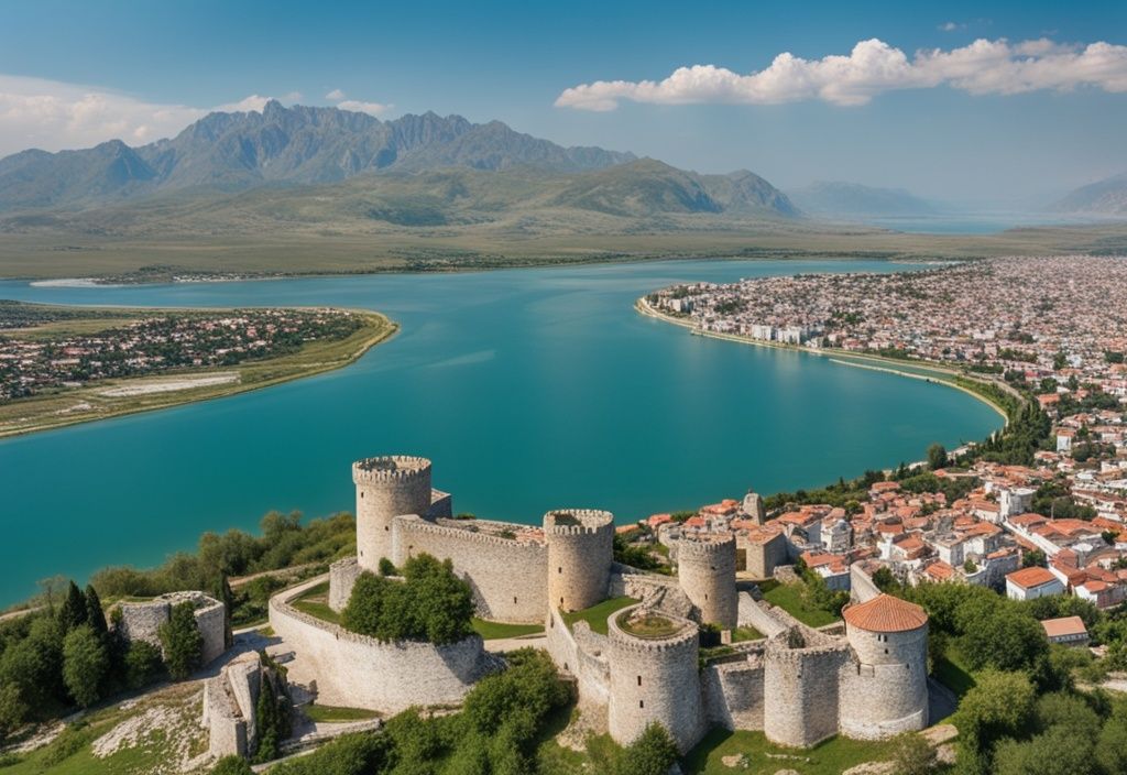 Vista panorámica de Shkoder, Albania, con el histórico Castillo de Rozafa en primer plano y el Lago Skadar al fondo, bajo un cielo azul claro.