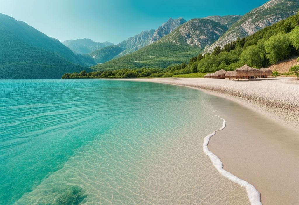 Vista escénica de una playa de arena con agua turquesa cristalina, rodeada de montañas verdes y un cielo azul brillante en vacaciones en Albania.