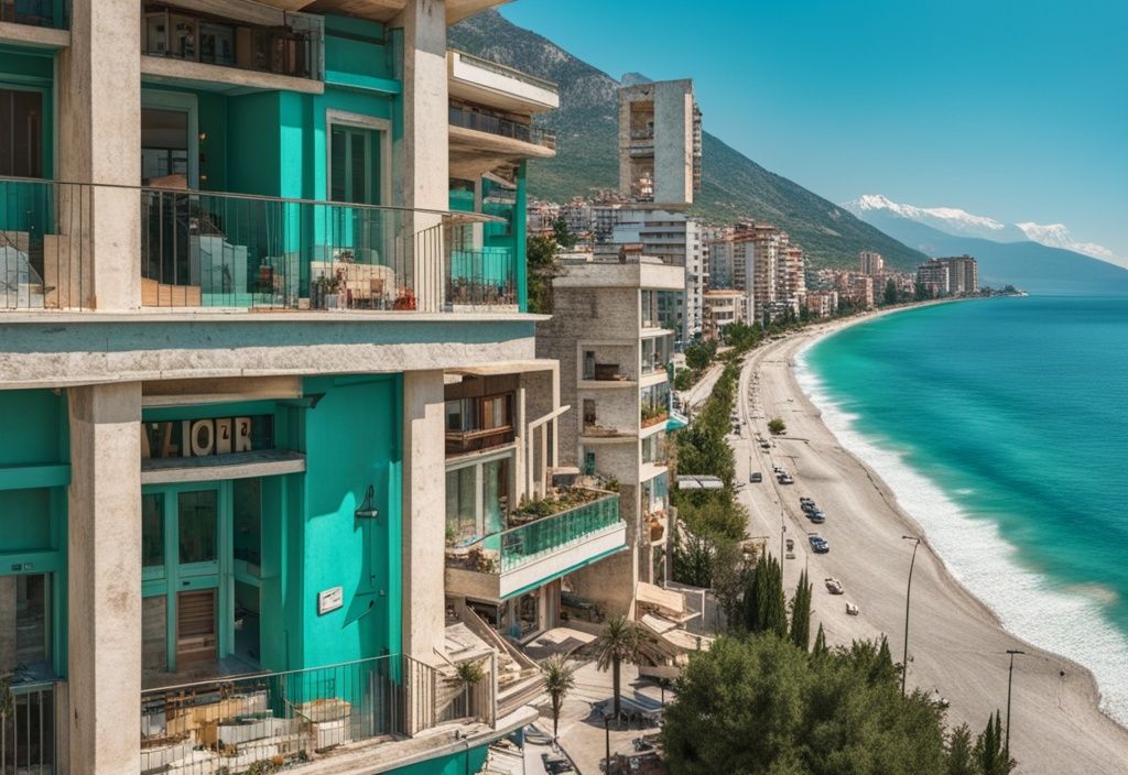 Vista panorámica de la ciudad costera de Vlore, Albania, con el mar Adriático turquesa, playas de arena y edificios arquitectónicos antiguos