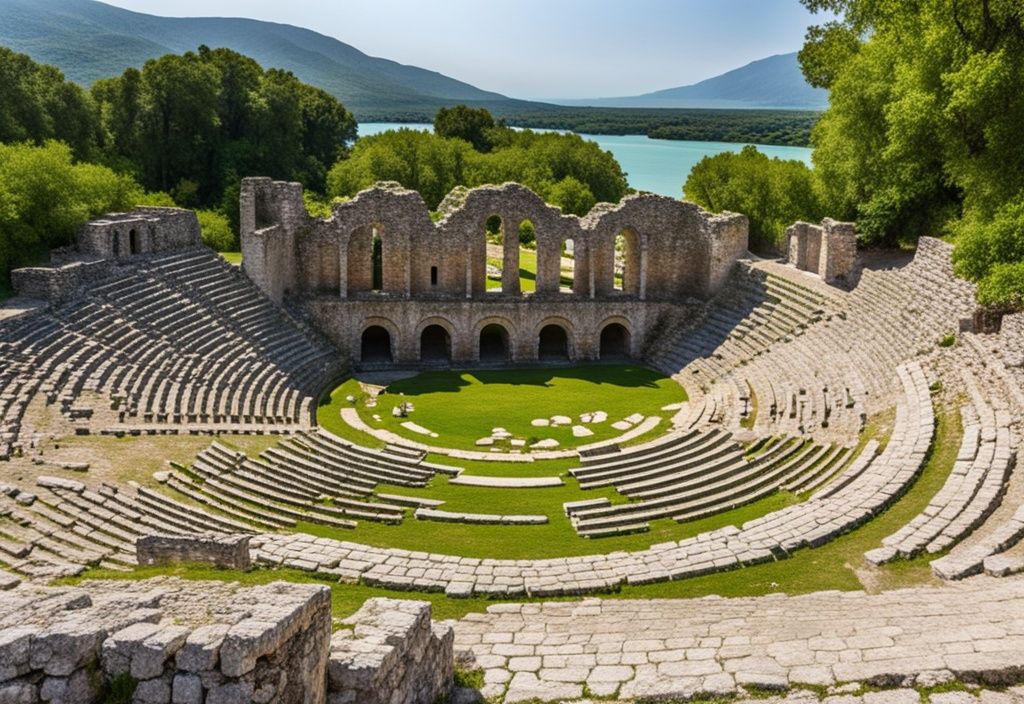 Anfiteatro antiguo en Butrint, Albania con ruinas circundantes y exuberante vegetación.