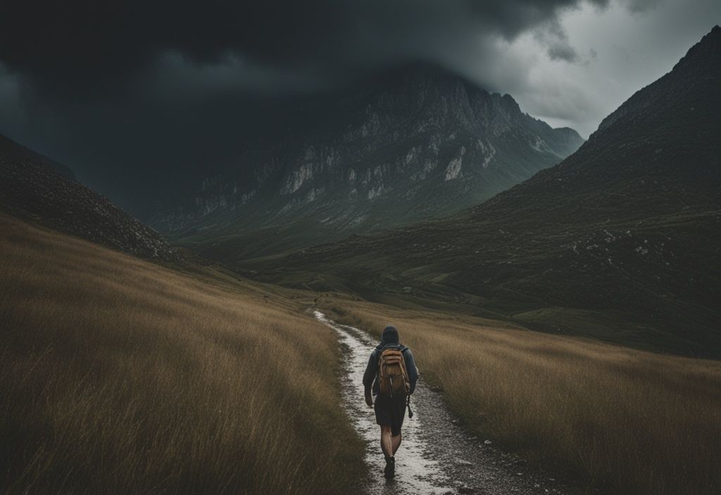 Paisaje oscuro y ominoso de Albania con cielo tormentoso, terreno montañoso accidentado y un viajero solitario con mochila cruzando cautelosamente el camino.