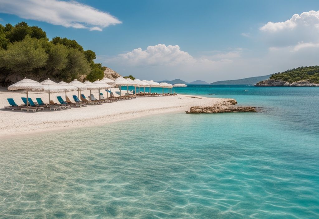 Escena de playa serena en Ksamil, Albania, con aguas turquesas, arena blanca y algunas sombrillas dispersas bajo el cielo azul claro.