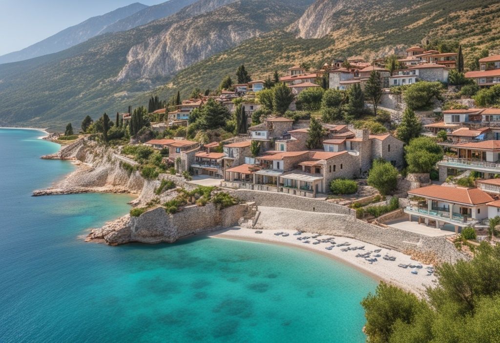 Vista panorámica de Dhermi, Albania, con aguas turquesas del mar Jónico, playa de guijarros y casas tradicionales albanesas entre colinas verdes.