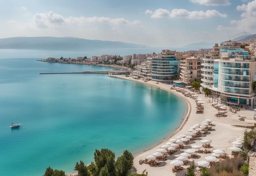 Vista panorámica de Saranda, Albania, con mar turquesa, playas de arena blanca y arquitectura tradicional en el fondo.