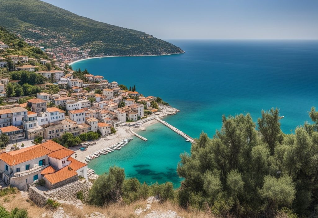 Vista panorámica de Himare, Albania, con casas tradicionales en una ladera, el mar turquesa en primer plano y montañas al fondo.