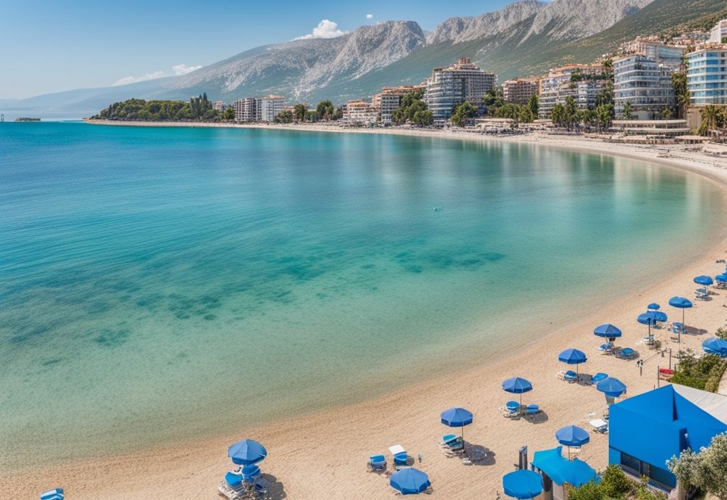 Vista panorámica de Vlore Albania con mar azul claro, playas de arena y paisaje urbano con montañas al fondo durante el día