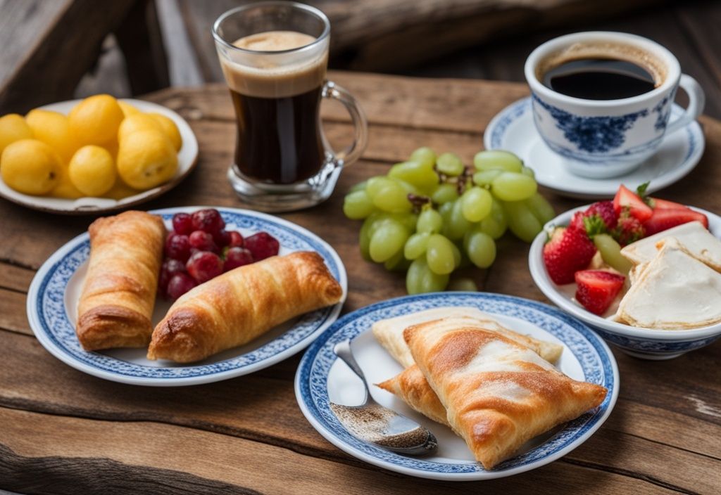 Desayuno tradicional albanés con Byrek, café turco y frutas frescas en una mesa rústica de madera