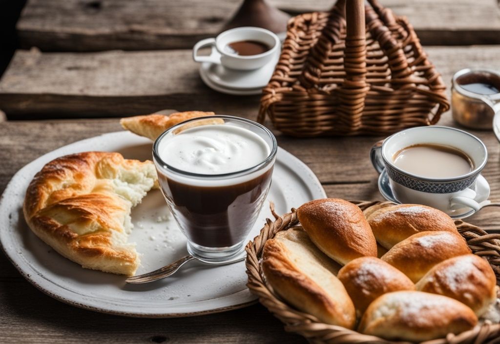 Desayuno tradicional albanés: plato de byrek, tazón de yogur fresco, taza de café turco y cesta de pan en mesa rústica - qué se desayuna en Albania