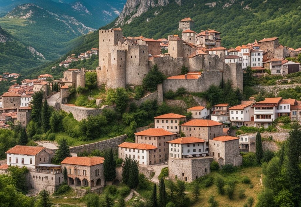 Vista panorámica de la histórica ciudad de Kruje, Albania, con el antiguo castillo en una colina, casas tradicionales y el paisaje montañoso circundante.