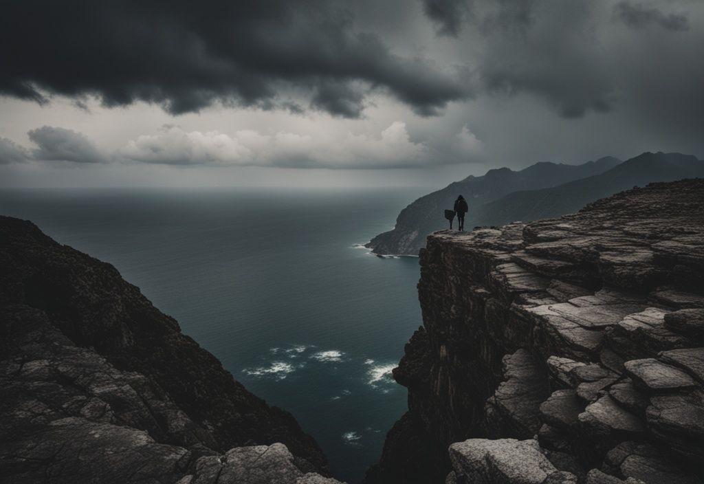 Paisaje oscuro y ominoso de Albania con nubes tormentosas, mar agitado y un viajero solitario con mochila al borde de un acantilado empinado y rocoso, viajar a Albania es peligroso.