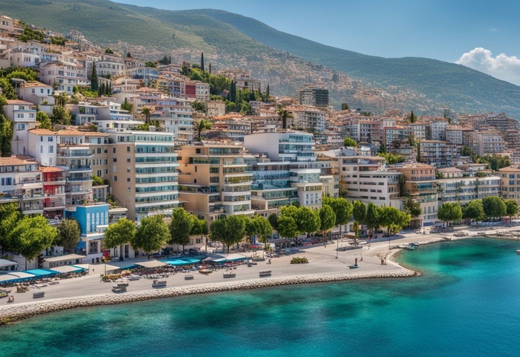 Vista panorámica de Saranda, Albania, con el mar Jónico azul claro, edificios de la ciudad en la ladera y montañas verdes bajo un cielo brillante.