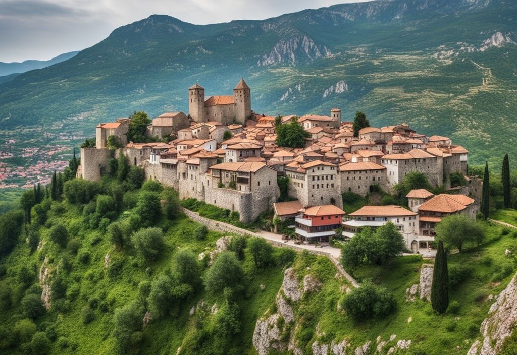 Vista panorámica de la histórica ciudad de Kruje, Albania, destacando el antiguo Castillo de Kruje en la cima de una colina, rodeado de casas tradicionales y exuberante vegetación.